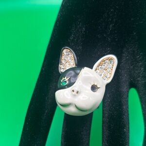 Betsey Johnson Vintage French Bulldog enamel with rhinestones ring , size 7.5